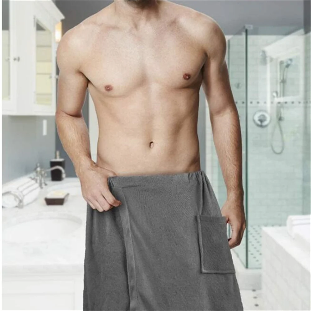 Men Bathrobe Bath Towel Adjustable Elastic Waist Homewear Nightgown Pocket Outdoor Sports Swimming Gym Spa Towel Male Homewear