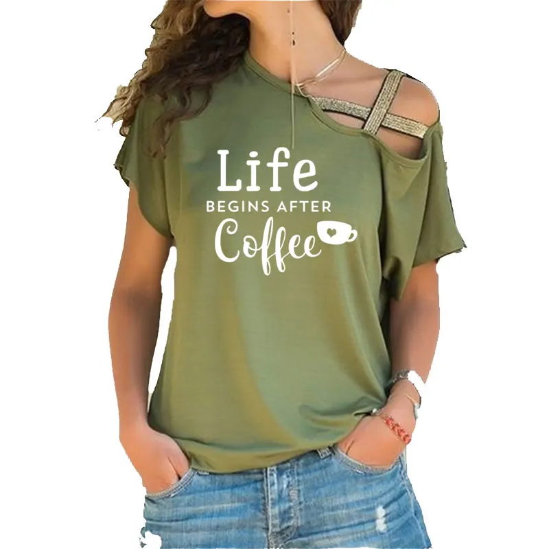 Life Begins After Coffee Women tshirt Cotton Casual Funny t shirt  Irregular Skew Cross Bandage Tops