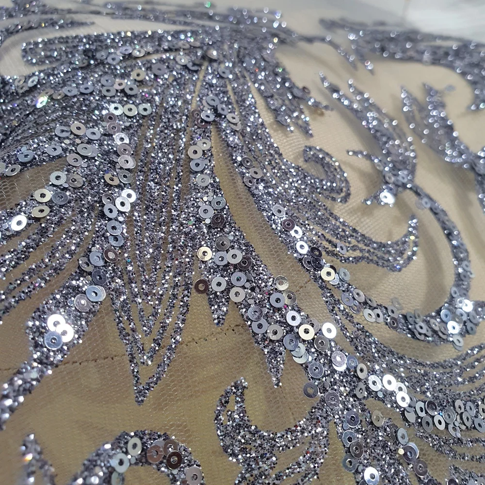 Long Lace African Nigerian Fabric Sequins Beads Patches Appliques Designer Diy For Evening Wedding Dress Prom Decoratins Silver