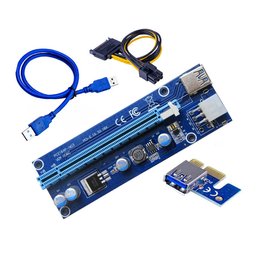 PCI-E Extender Card Mining Computer PCI-E 1x TO 16x Adapter with 6-pin & USB Interface, Blue, 30cm USB Cable