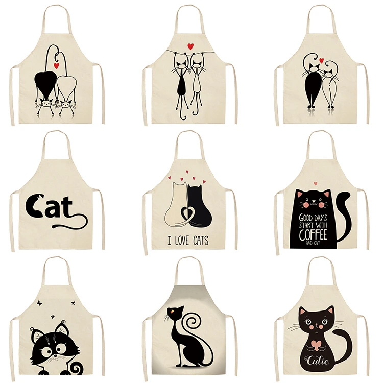 1Pcs Black White Cat Kitchen Aprons For Women Cotton Linen Bibs Household Cleaning Pinafore Home Cooking Apron 53*65cm WQL0123