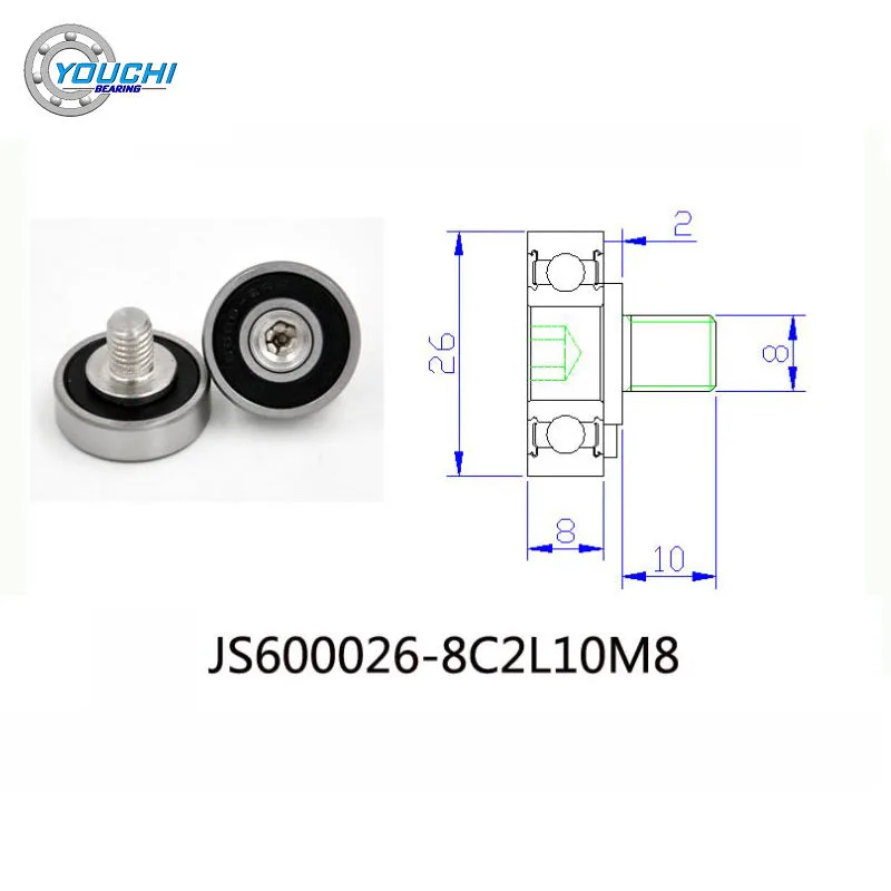 OD 26mm bullone portante con filettatura M8 e 6200RS cuscinetto JS600026-8C2L10M8 ruote della ferrovia della mobilia pulegge portanti