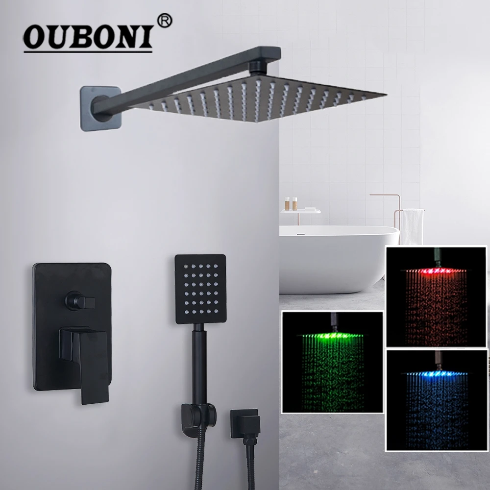 OUBONI 8 10 12 16 inch Black Painting Ultra-thin Shower Head Wall Mount Bathroom Rainfall Faucet Sets LED Head Hand Shower Sets