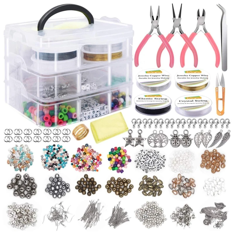 

Necklace Bracelet Earrings DIY Jewelry Making Supplies Kit with Assorted Beads Charms Findings Wire Cord Pliers