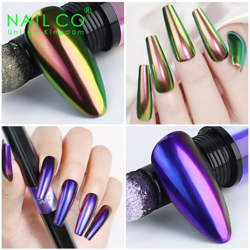 NAILCO 2021 Newest 6 Nail Art Manicure Makeup Aurora Metal UV Gel Holographic Mirror Effect Powder Air Cushion Powder Magic Pen