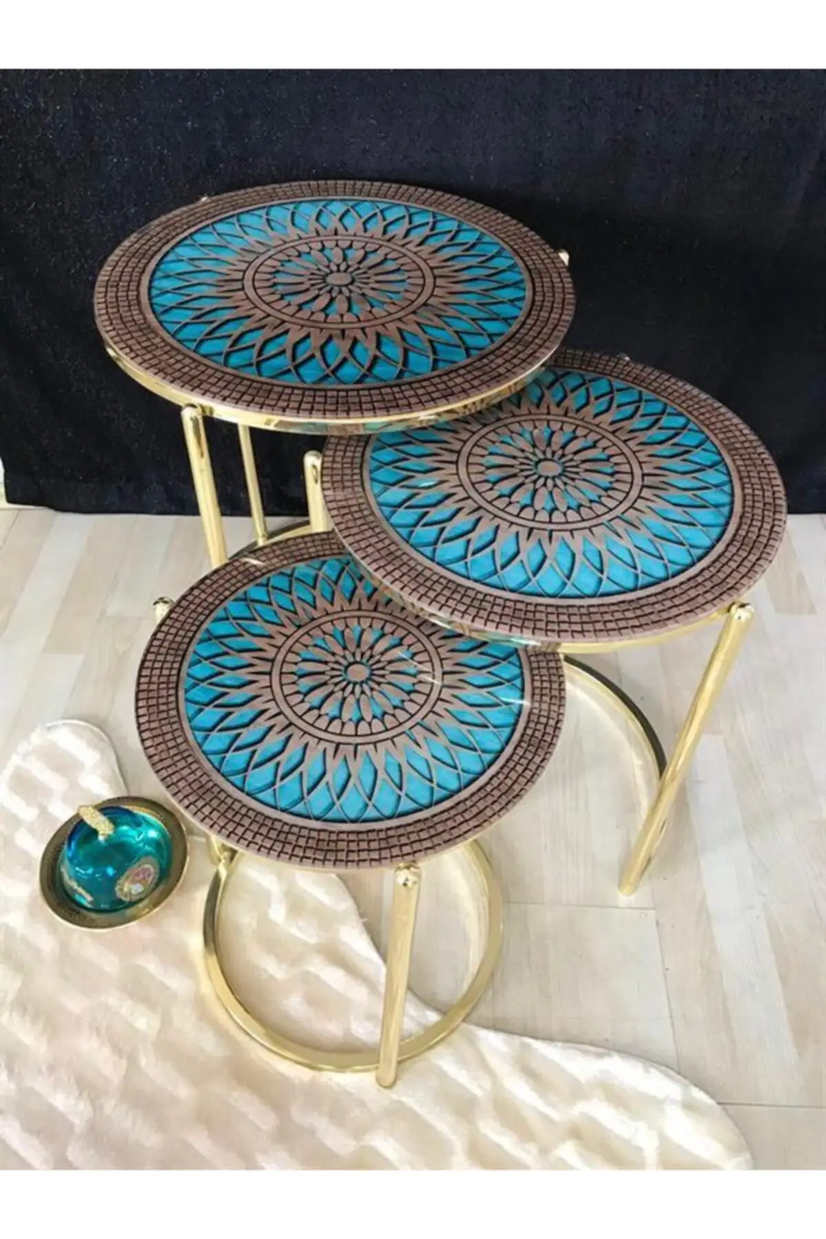 Lux 3 pcs Zigon Coffee Table Set (Gold Metal Toe Over Patterned Glass)