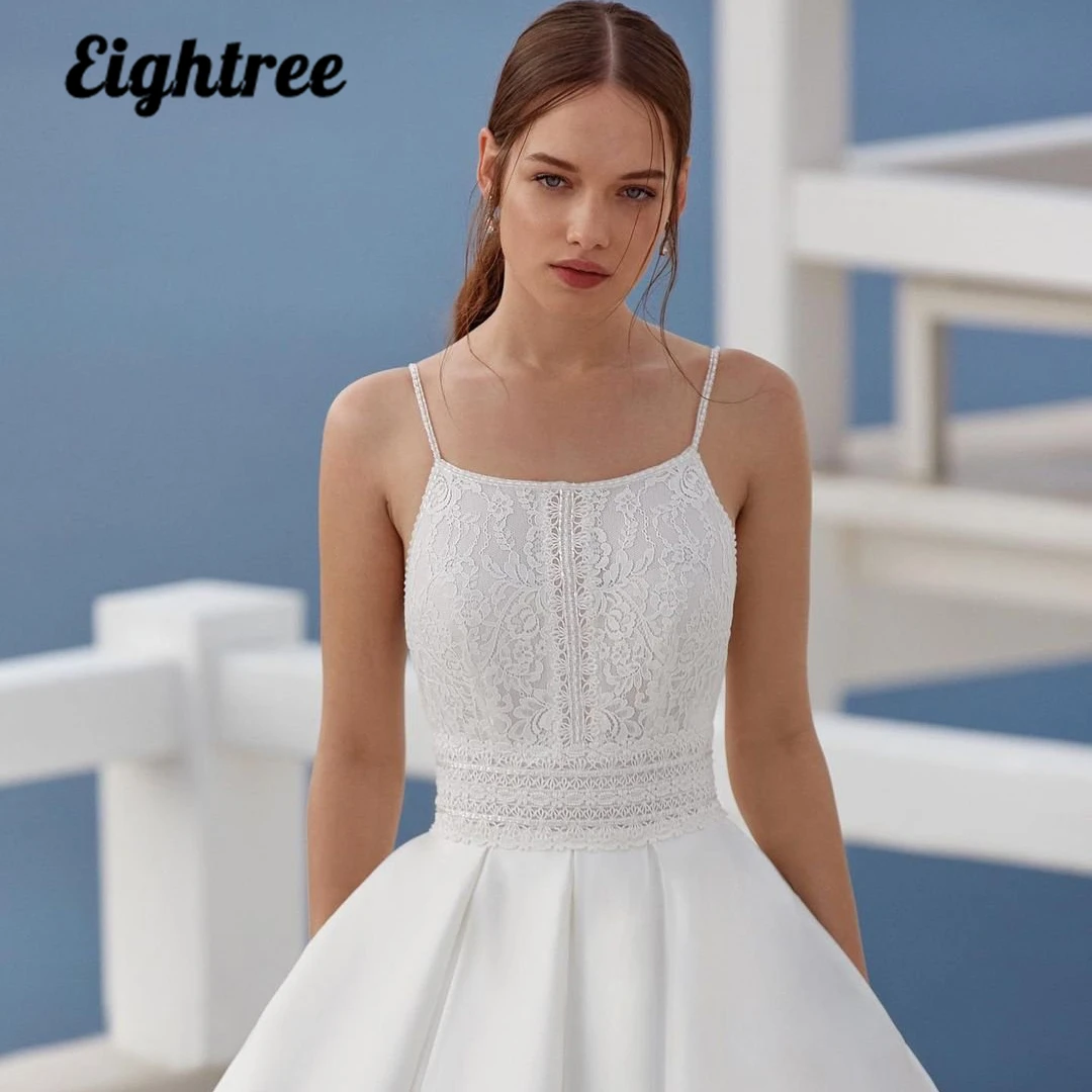 Eightree Sexy Wedding Dresses Spaghetti Straps Bridal Dress With Pocket Lace Satin White/Ivory Wedding Evening Gowns Plus Size