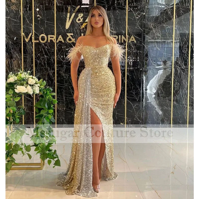 2022 pailletten Meerjungfrau Abendkleid Party Kleider Federn Hohe Split Off Schulter Liebsten Prom Kleid Robe De Soire Sirene