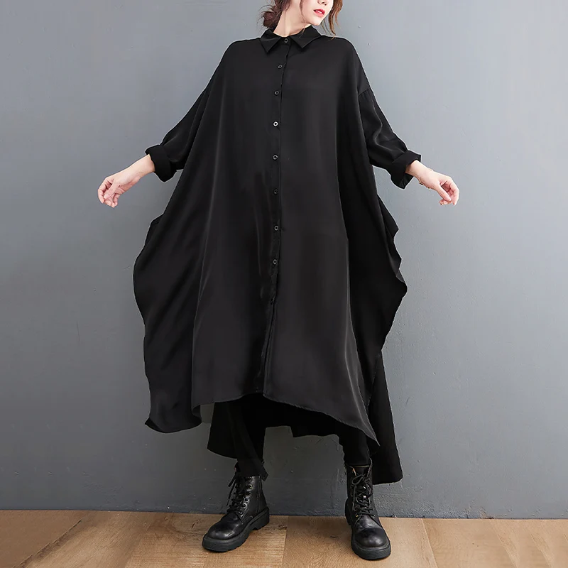 Oversized Black Vintage Irregular Shirt Dresses For Women Long Sleeve Loose Casual Long Dress Fashion Clothes Spring Autumn 2022