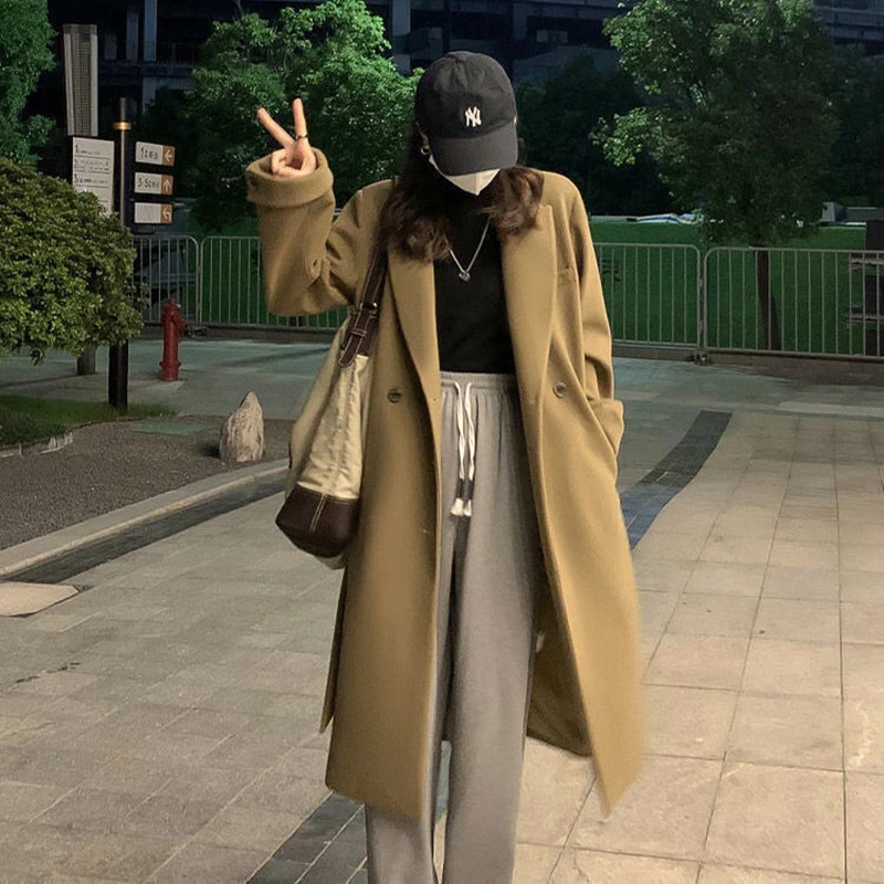 

2021 Winter Women Wool Coats Casual Mid-length Effects Jackets Woolen Overcoat Elegant Long Ladies Coat with Waistband