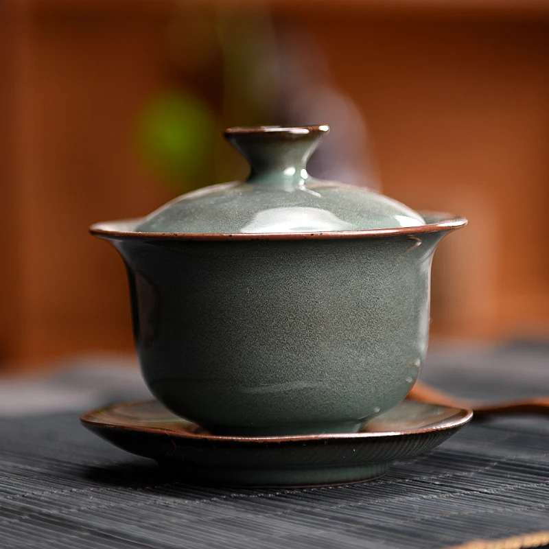 

|celadon tureen large iron litter brother kiln crack handmade ceramic three bowl of tea tea bowl of kung fu tea set