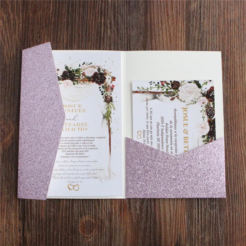 

Glitter Purple Invitation Tri-Fold Pocket Wedding Invite Birthday Gift Card Customized Printing Party Favor Decoration