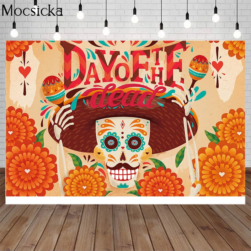 Mocsicka Day Of The Dead Backdrops Mexican Sugar Skull Photography Background Dia De Los Muertos Dress-Up Party Decor Banner