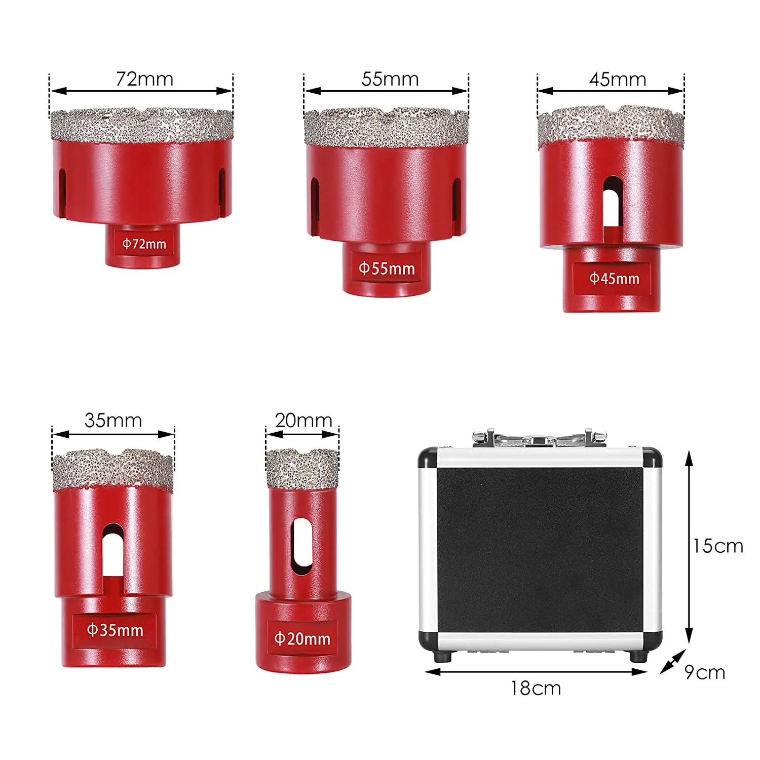 전문 다이아몬드 드릴링 코어 비트 구멍 톱 세트 M14 20-72mm, 세라믹 화강암 석재 타일 알루미늄 케이스, 5 개