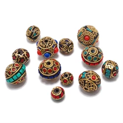 TZ-K Handmade Nepal Buddhist Tibetan Brass Craft Beads for Necklace Jewelry Making DIY Accessories Clay Inlaid Colorful Orb Bead