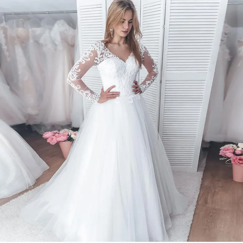 Apliques de renda Com Decote Em V Vestidos de Casamento Mangas Compridas Свадебное платье Robe De Soirée De Mariage Vestidos de Noiva Vestido De Noiva