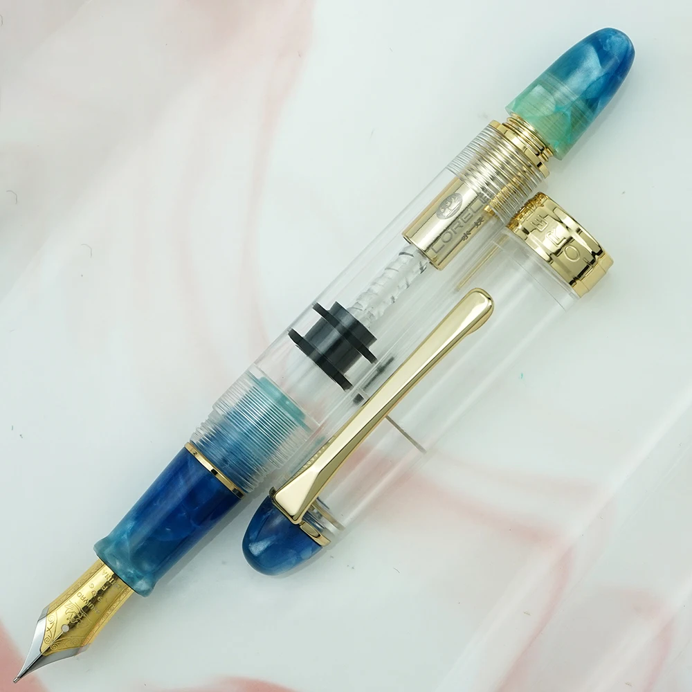 

LORELEI Resin Blue Piston Fountain Pen with Golden Clip, Transparent Body Iridium EF/F 0.38/0.5mm Ink Pen for Business Office