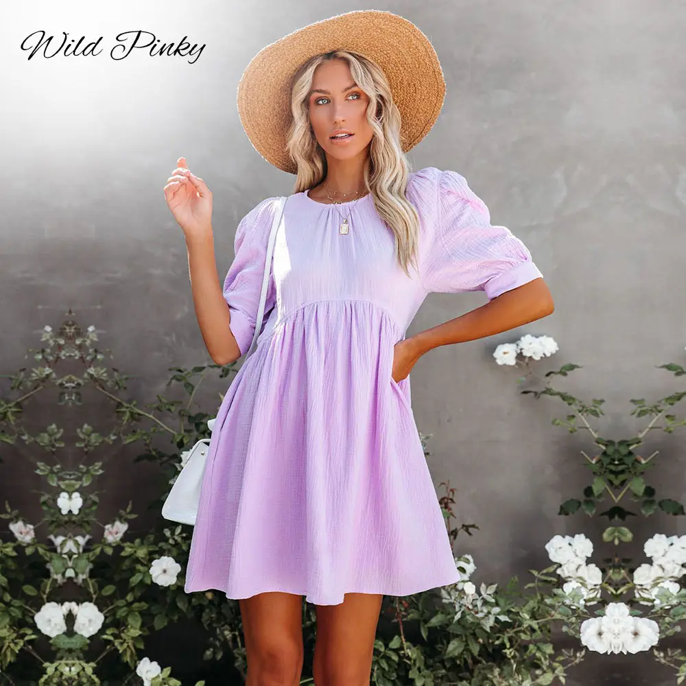 

WildPinky 2024 New Summer Casual Women Dress Solid O-Neck Female Short Sleeve Ladies Back Buttons Mini Party Dress Basic Vestido