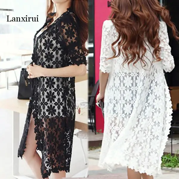

New Fashion Long Cape Hollow Out Womens Half Sleeve Summer Autumn Lace Cardigan Sweater 2 Color