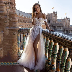 Sexy Strand Hochzeit Kleid EINE Linie Tüll Appliques Weg Von der Schulter Backless Brautkleider Bodenlangen Hohe Split vestidos de novia