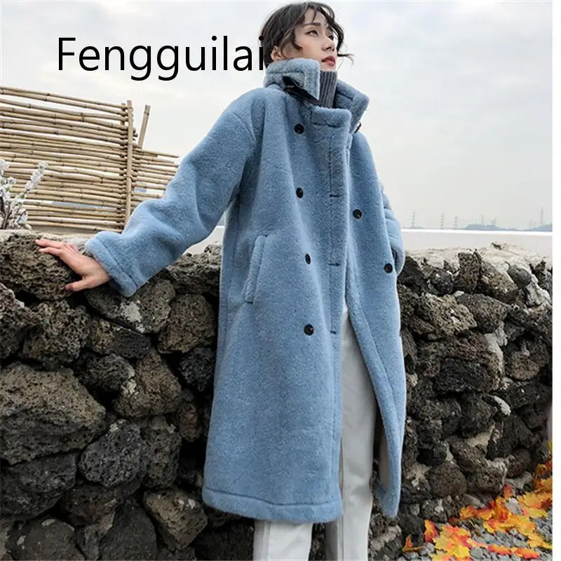 

New FENGGUILAI Lamb Plush Coat Female Autumn Winter New Stand Collar Imitation Faux Fur One Over Knee Coat Long Warm Jacket