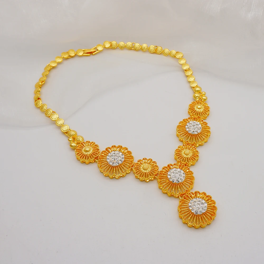 Dubai Jewelry Sets Sun Flower Crystal Necklace Bracelet Earrings Ring Nigerian Wedding Party For Women Fashion Jewelry Set