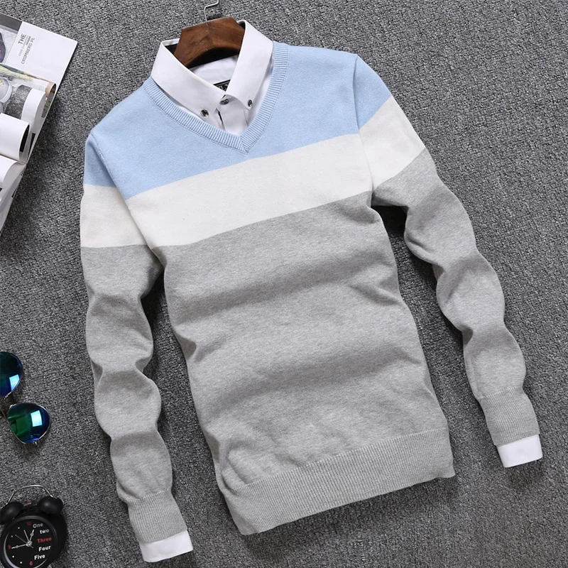 Men 2023 Winter Sweater Bottom Clothes Slim Fit V Neck Autumn Sweaters Striped Knitted Pullovers Vetement Homme LWL676