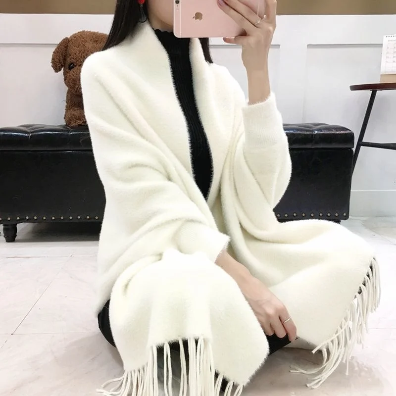 Women Cape Shawl Knitted Coat Bat Sleeve Imitation Mink Fleece Sweater Cardigan Poncho Mujer Autumn Winter Solid Loose Cloak Top