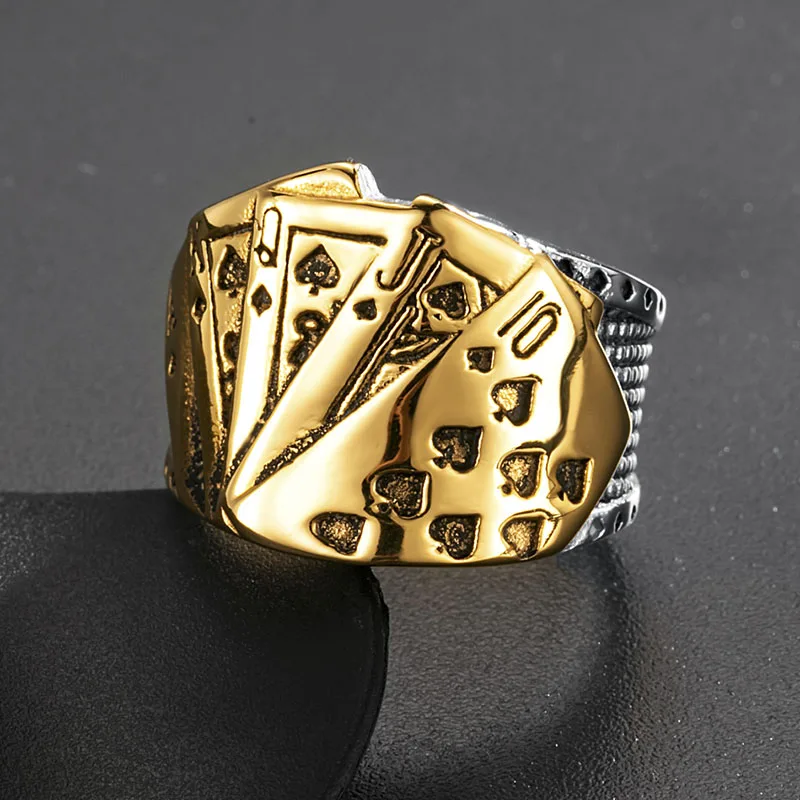 Rock Punk Titanium Stainless Steel Poker Rings For Men  Gothic God of Gambling Good Luck Signet Ring Jewelry Size 7 To 13
