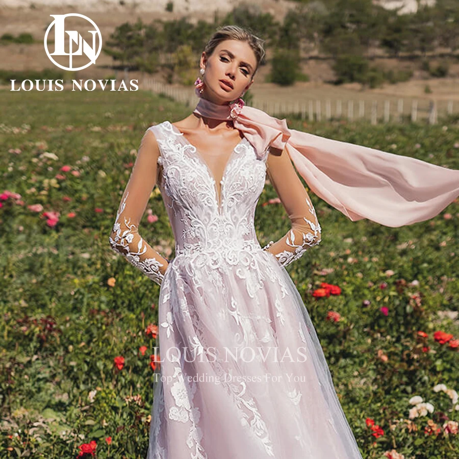 LOUIS NOVIAS – Robe De mariée trapèze, manches longues, col en v, dentelle perlée, broderie, fermeture éclair, exquise, 2022