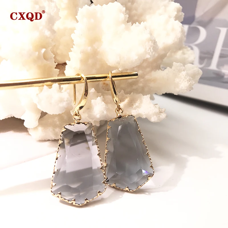 CXQD New Women's Fashion Jewelry Geometric Trapezoid Dangle Drop Crystal Glass Sweet Metal Transparent Earrings For Women Gift