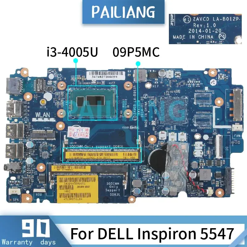 PAILIANG Laptop motherboard For DELL Inspiron 5547 i3-4005U Mainboard 09P5MC LA-B012P DDR3 tesed