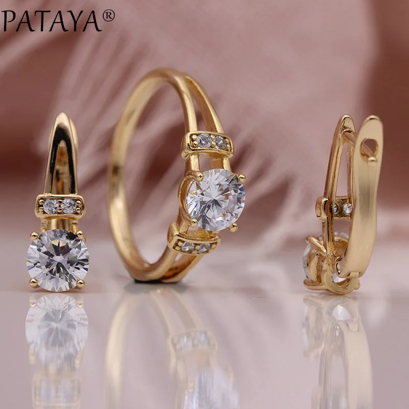 11.11 PATAYA New Special Price Jewelry Set 585 Rose Gold Color Women Fashion Jewelry Round Natural Zircon Earrings Rings Sets