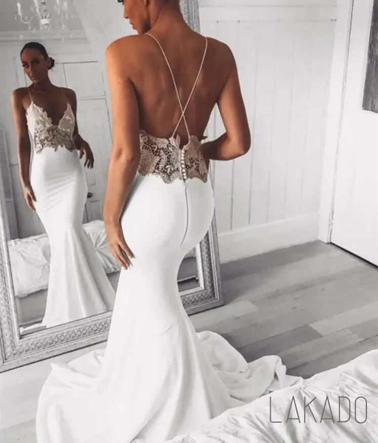 Custom Made Modern V Neck Lace Straps Sexy Mermaid Wedding Dress Open Back Bridal Gown