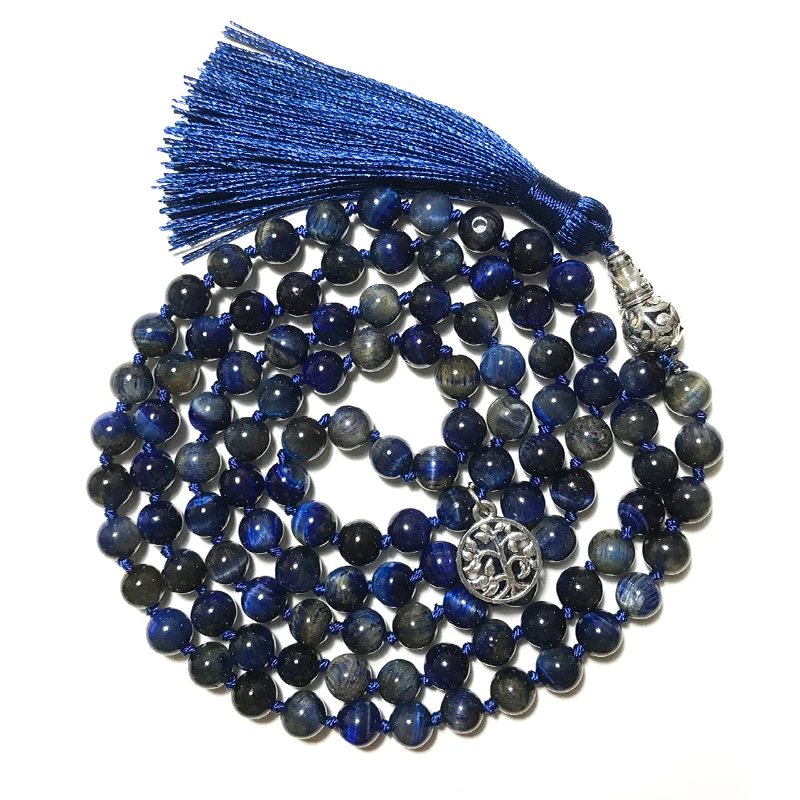 8mm Natural Lapis Lazuli Tiger Eye Stone Beaded Knotted Necklace Meditation Yoga Jewelry 108 Japamala Rosary Tree of Life Amulet