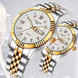 WLISTH Fashion Calendar Week Full Steel Gold Couple Watch Business Men's And Women's Waterproof Luminous Watch Send Lover Gift