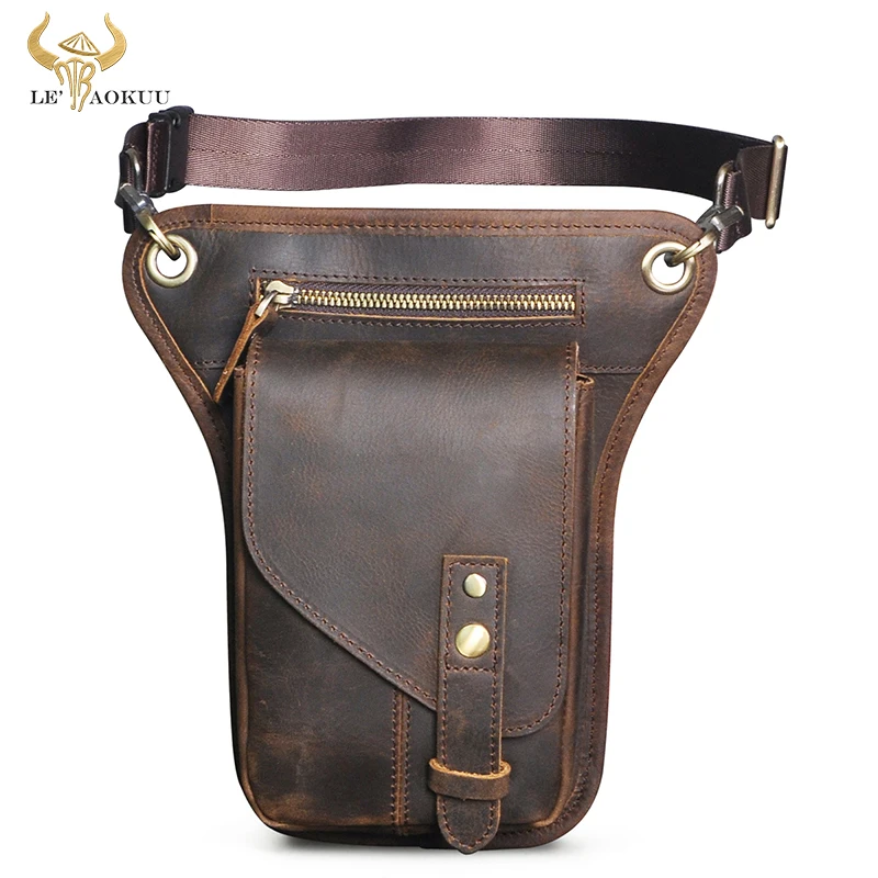 

2021 Crazy Horse Leather Small Satchel Cross-body Bag Design Travel Fanny Belt Waist Pack Drop Leg Thigh Bag For Men Male 211-6