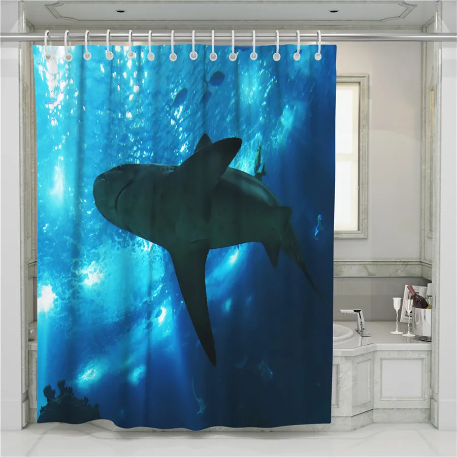 A Shark 3D Shower Curtain Bathroom Waterproof Polyester Printing Curtains for Bathroom Shower Hooks