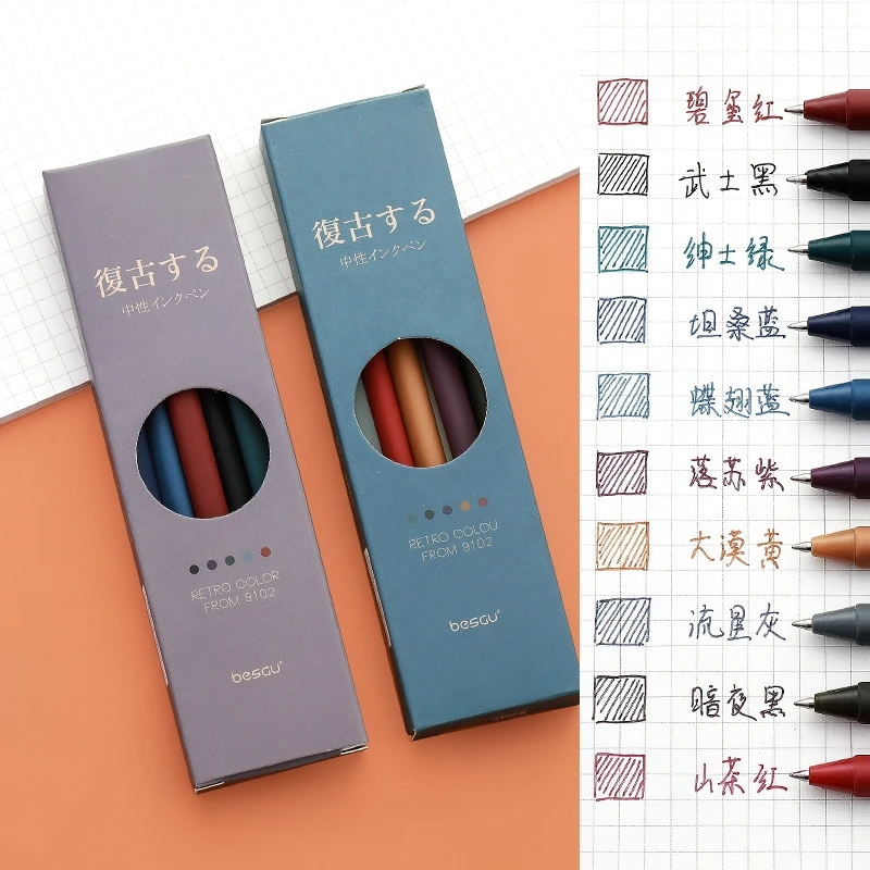 5pcs Retro Color Pen Set Triangular barrel Vintage Purple Gray Brown Gel Ink Pens for Marker Liner Office School Supplies A6727