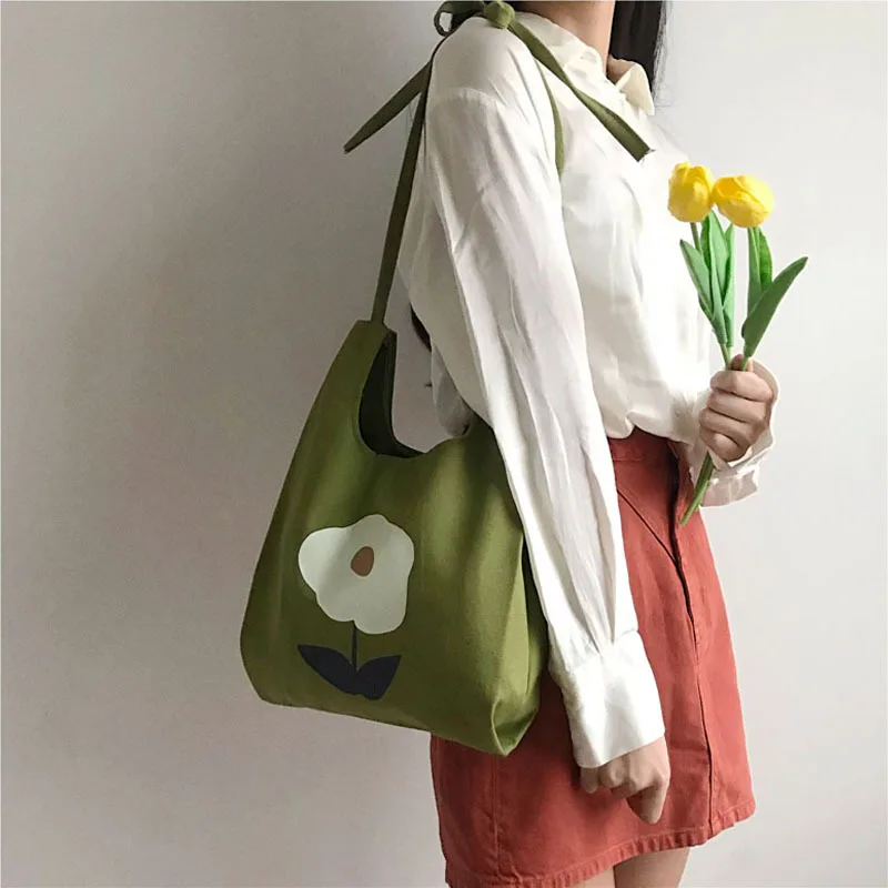 Sac à main en toile à loquet floral coréen Ladylike pour adolescentes, sac souple, sac à main initié à grande capacité, petit, frais