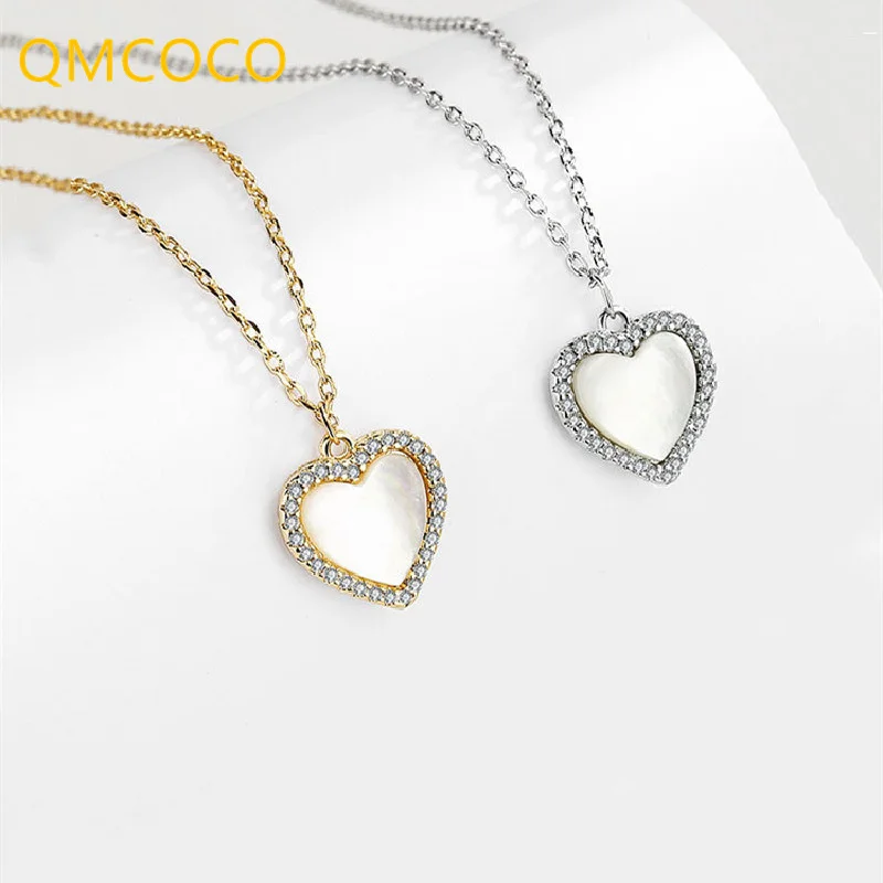 QMCOCO Silver Color  Trendy Fine Heart Shape Cat Eye Stone Pendant Shiny Zircon Necklace Women Temperament Jewelry Wedding Gifts