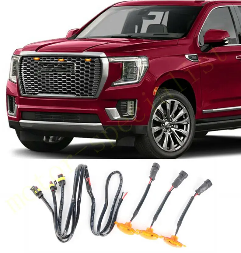 3pcs LED Car Front Grille LED Amber Light Raptor Style Light Kit Decor W/ Wire Speed Fit For GMC Yukon XL 2021