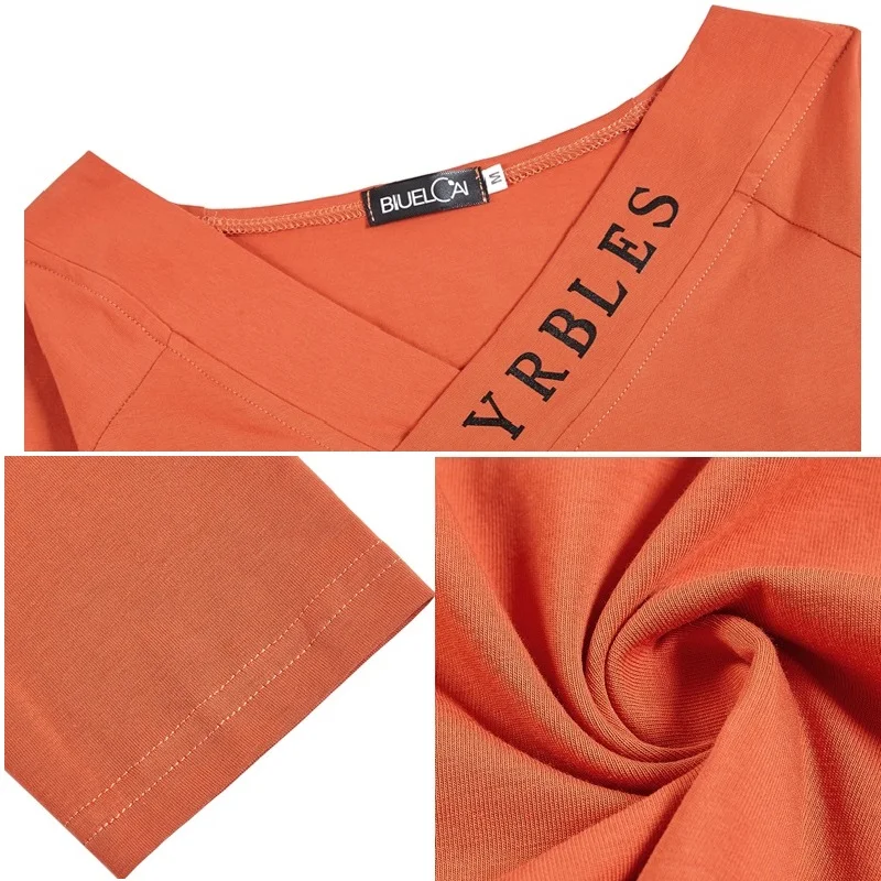 TuangBiang Spring 2023 Orange Long Sleeve V-Neck Letter Print New T-shirt Women Slim Black Tops Ladies Loose Cotton Tee Shirts