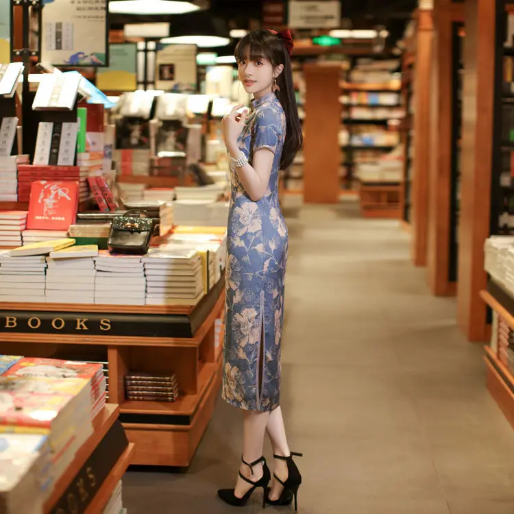 Women Chinese Style Dress Cheongsam Retro Elegant Blue cheongsam