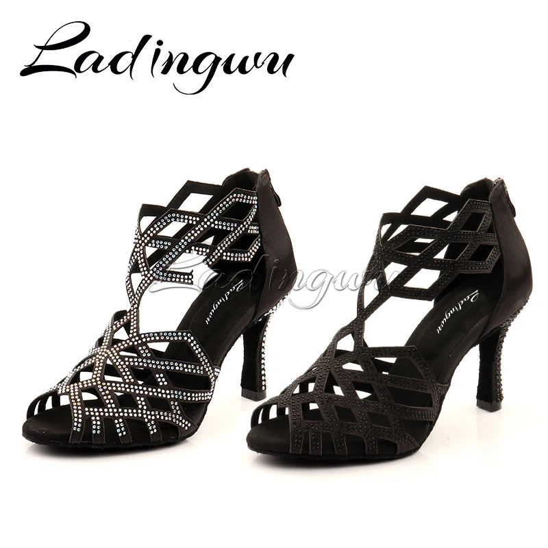 Ladingwu Women Dance Shoes Roman Boots Laser Latin Dance Shoes Women Black White AB  Rhinestones Ballroom Dance Shoes Salsa Woma