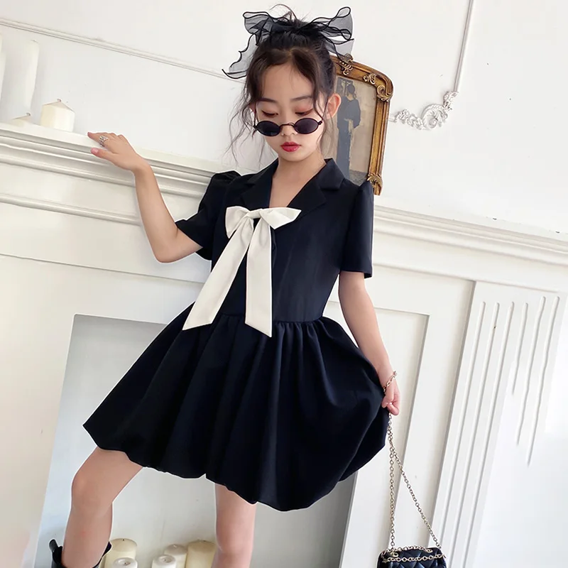 Kids Girls Short Sleeve Black Blazer Dresses Formal Party Wedding Dress With Bowknot Teenage Girls Clothing 4 7 8 9 12 14 Years