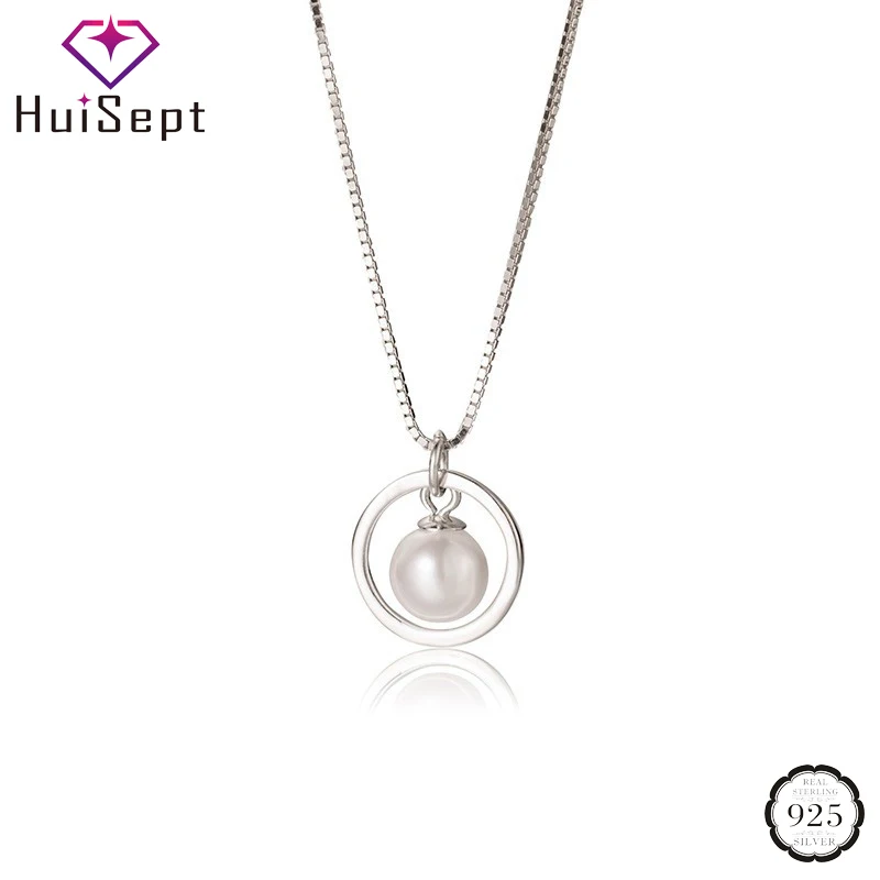 

HuiSept Elegant 925 Silver Jewelry Necklace for Women Round Shape Pearl Pendant Ornaments Wedding Party Promise Gift Wholesale