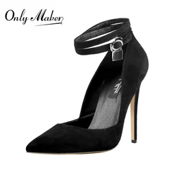 Onlymaker donna 12CM punta a punta nera doppia cinturino alla caviglia con serratura tacco alto Flock Pumps Big Size US5 ~ US15