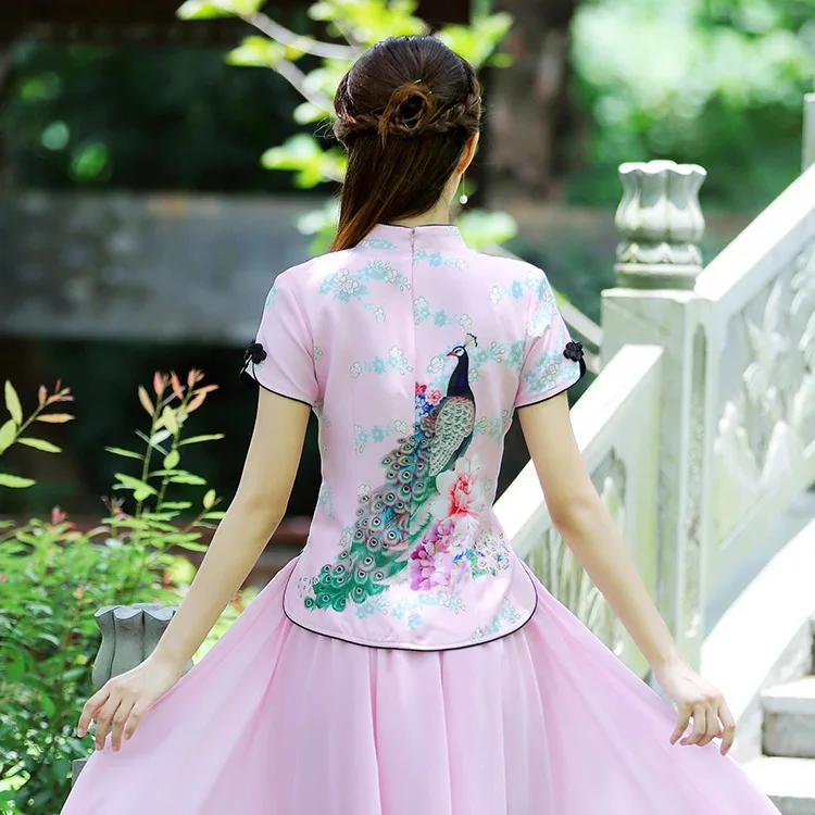 SHENG COCO Peacock Printing Blouse Chinese Style Qipao Tops Traditional Chinese Clothing Woman Cheongsam Shirts Satin Blouse