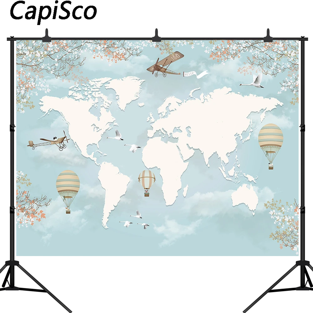 Capisco World Map Backdrop Airplane Travel Kids Children Birthday Party Baby Shower Photography Background Photo Studio Props